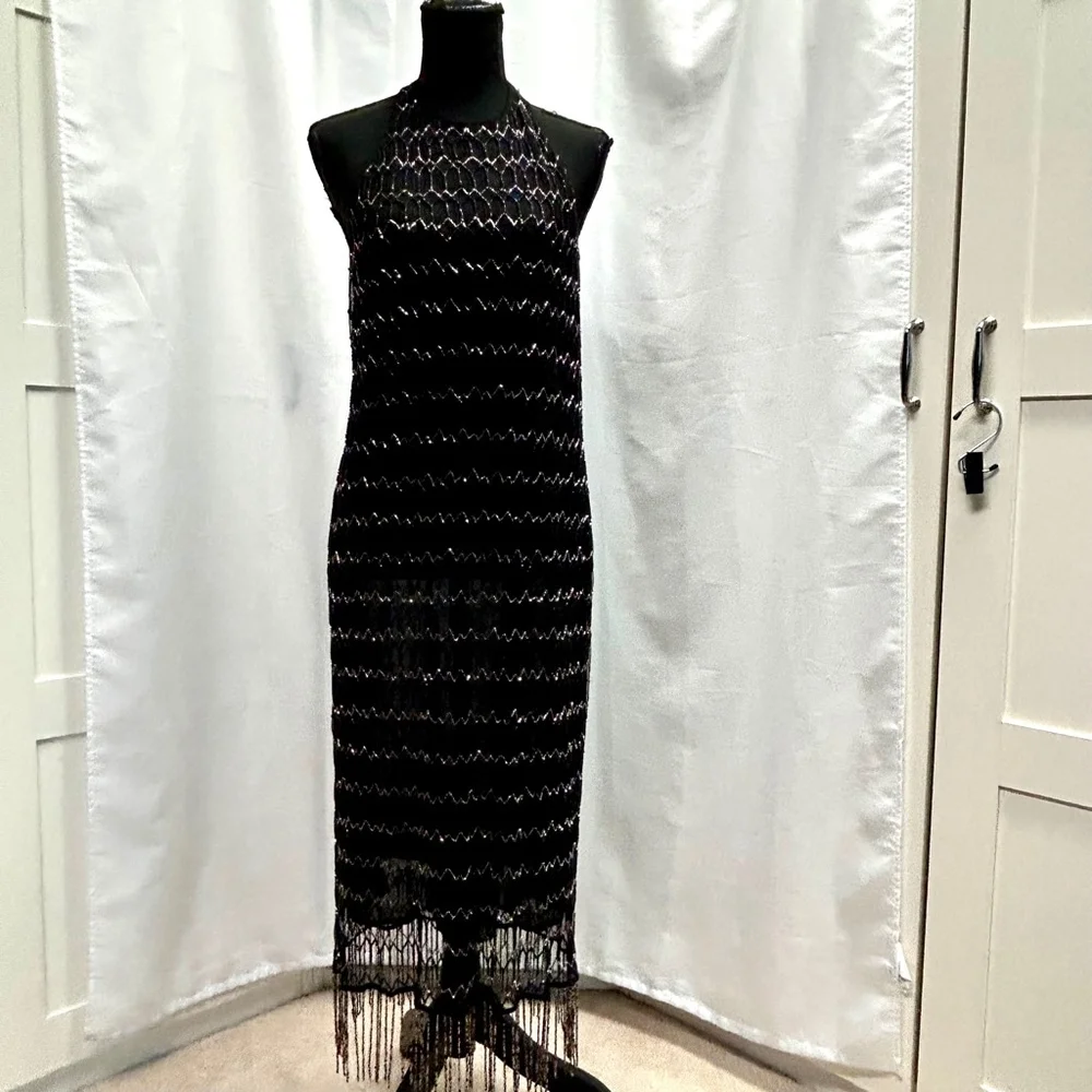 Zara Festive days limited collection black silver beaded fringe midi dress L NWT - Picture 4 of 13